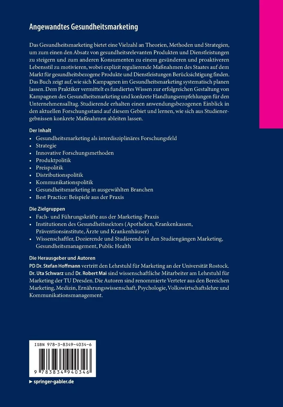 Rückseite: 9783834940346 | Angewandtes Gesundheitsmarketing | Stefan Hoffmann (u. a.) | Buch | x