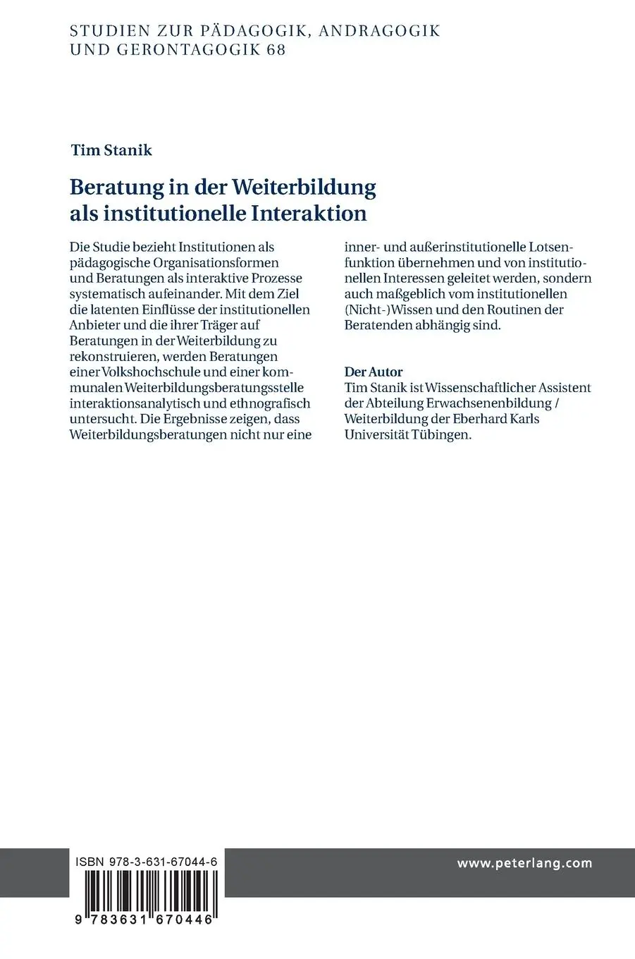 Rückseite: 9783631670446 | Beratung in der Weiterbildung als institutionelle Interaktion | Stanik