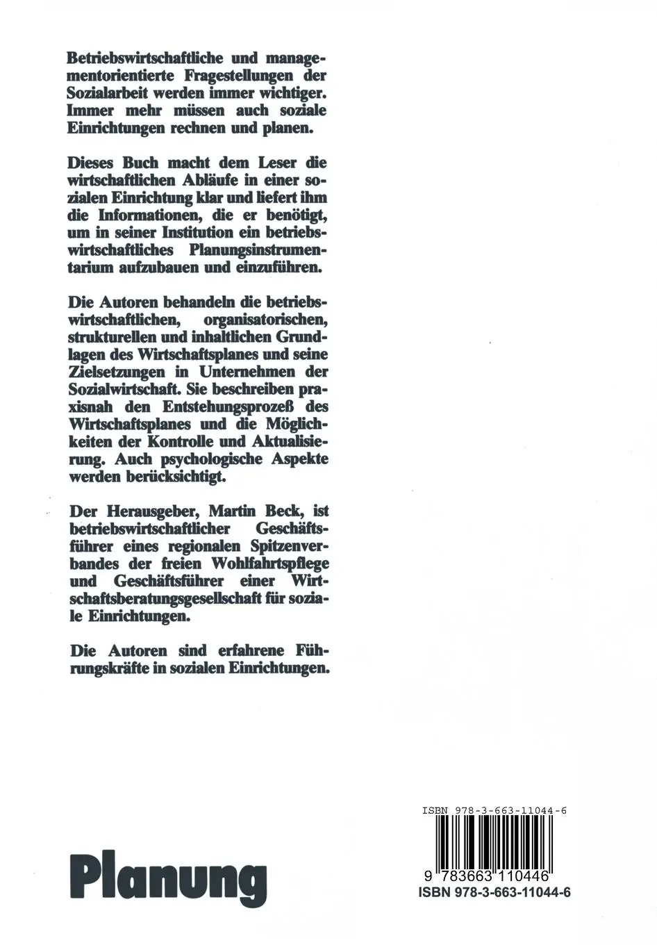Rückseite: 9783663110446 | Planung | Betriebswirtschaft für soziale Einrichtungen | Martin Beck
