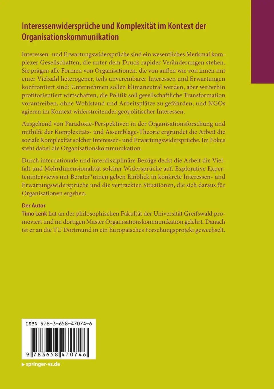 Rückseite: 9783658470746 | Interessenwidersprüche und Komplexität im Kontext der...