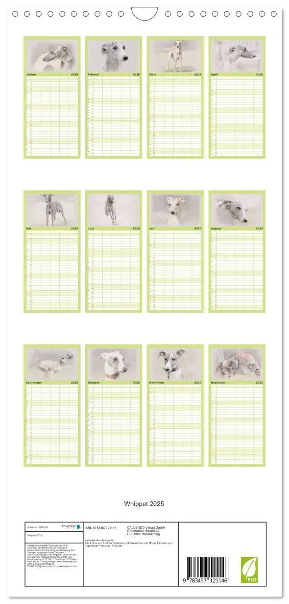 Bild: 9783457121146 | Familienplaner 2025 - Whippet 2025 mit 5 Spalten (Wandkalender, 21...