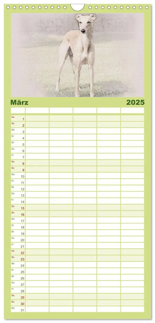 Bild: 9783457121146 | Familienplaner 2025 - Whippet 2025 mit 5 Spalten (Wandkalender, 21...