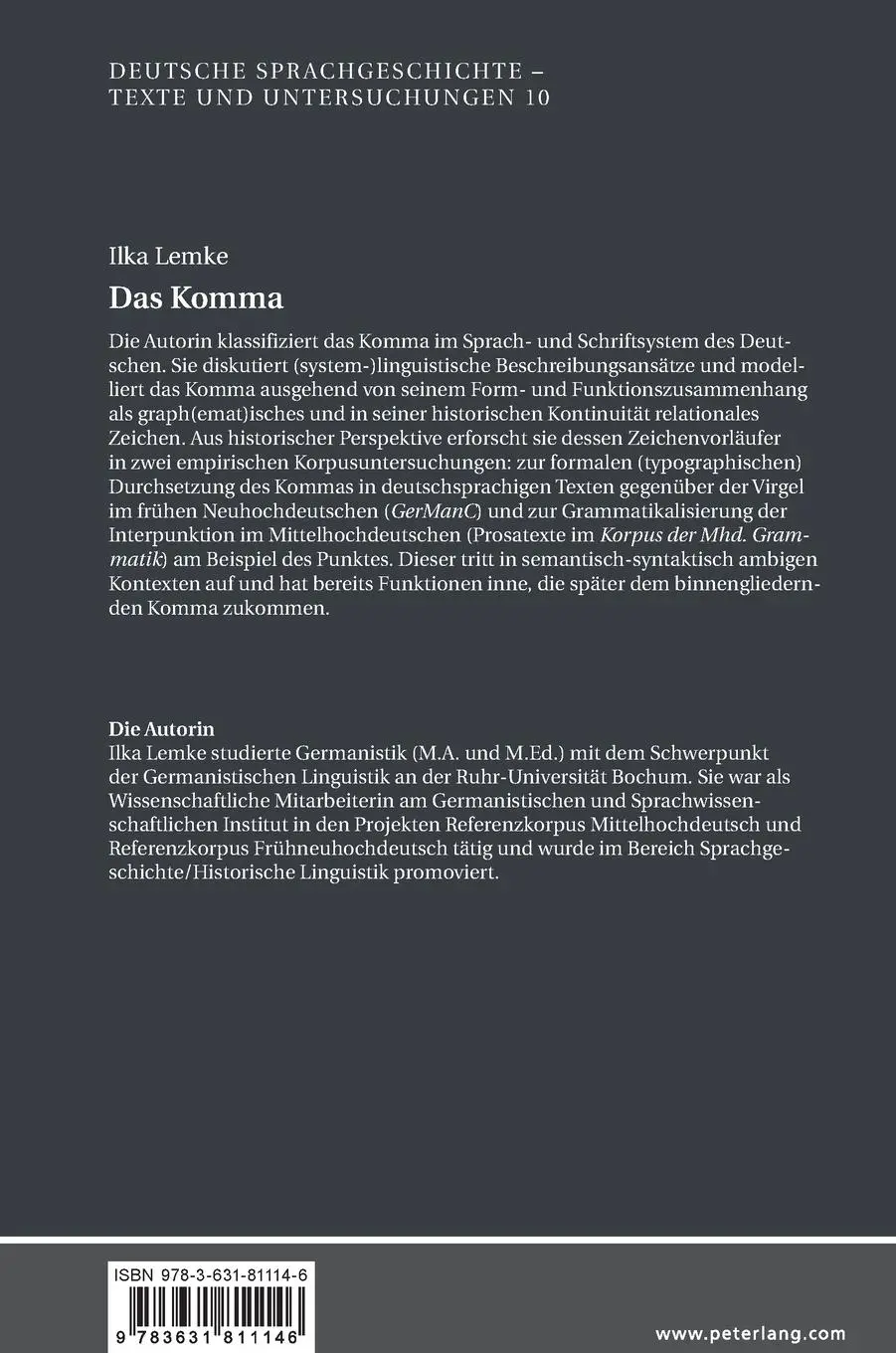 Rückseite: 9783631811146 | Das Komma | Ilka Lemke | Buch | Gebunden | Deutsch | 2020 | Peter Lang