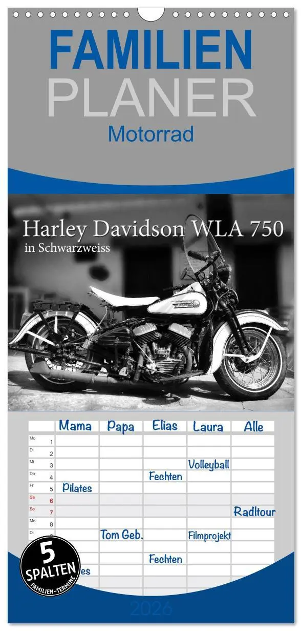 Cover: 9783516511246 | Familienplaner 2026 - Harley Davidson WLA 750 in Schwarzweiss mit 5...