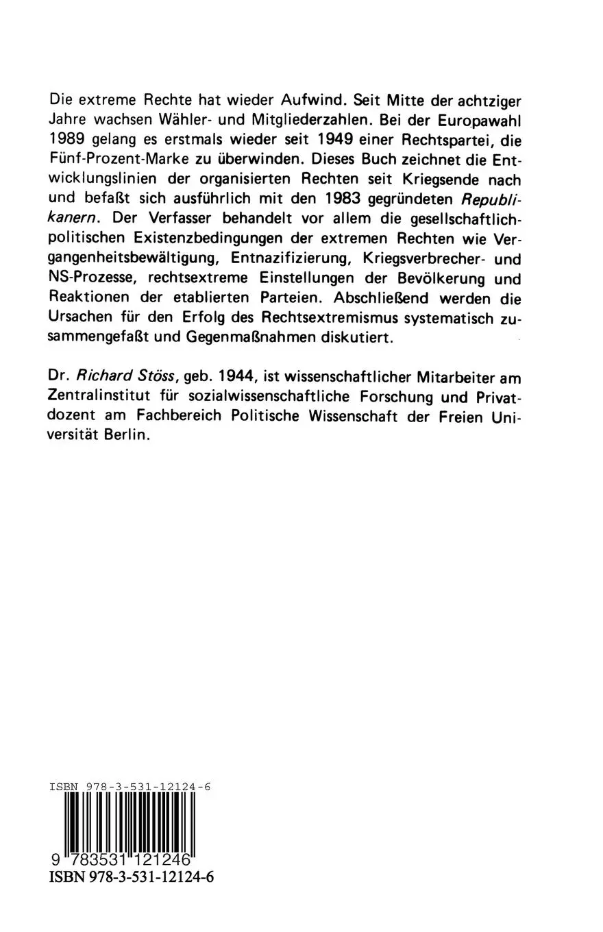 Rückseite: 9783531121246 | Die extreme Rechte in der Bundesrepublik | Richard Stöss | Taschenbuch