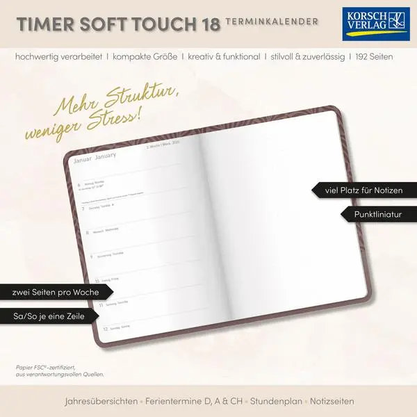 Bild: 9783731891246 | Timer Soft Touch 18 Monate schwarz 2026/2027 | Verlag Korsch | Buch