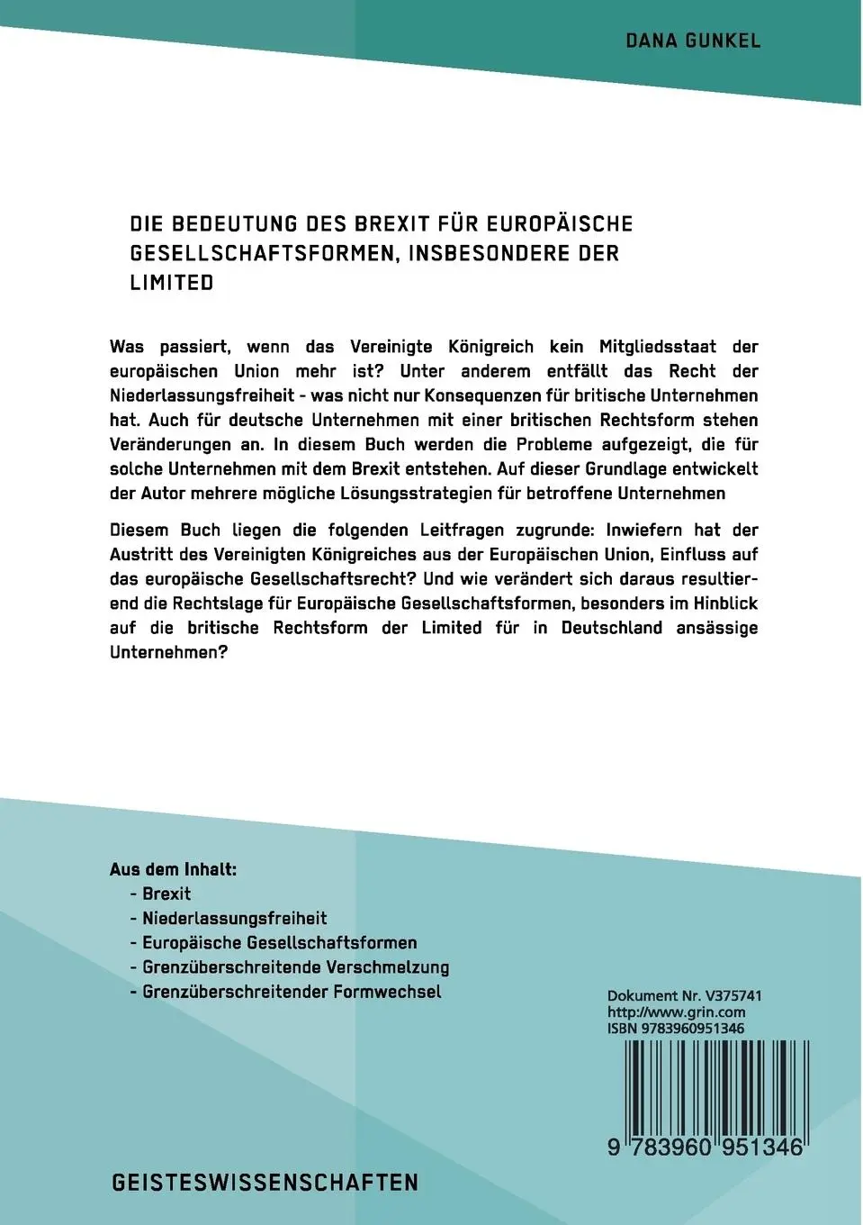 Rückseite: 9783960951346 | Die Bedeutung des Brexit für europäische Gesellschaftsformen,...