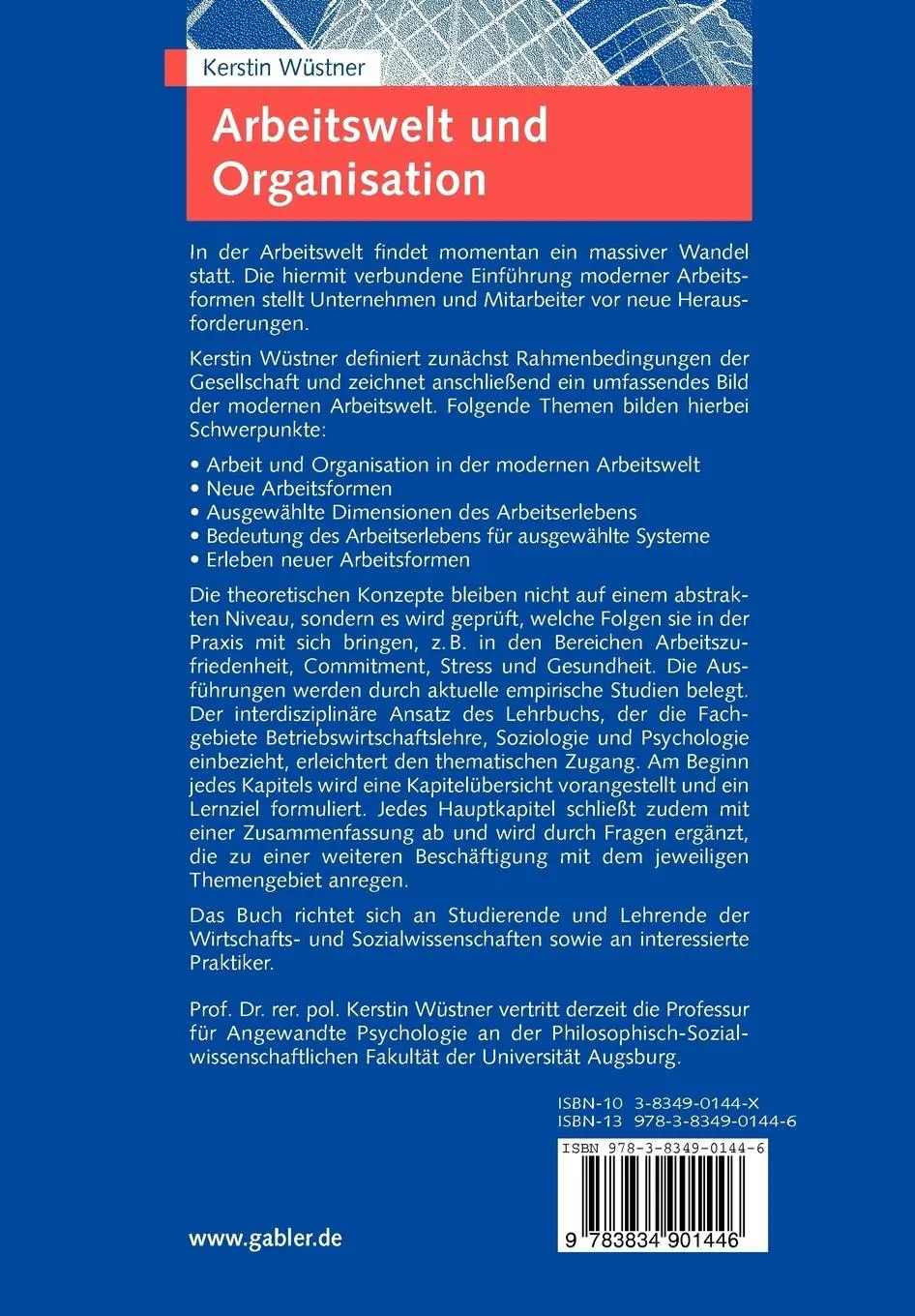 Rückseite: 9783834901446 | Arbeitswelt und Organisation | Ein interdisziplinärer Ansatz | Wüstner