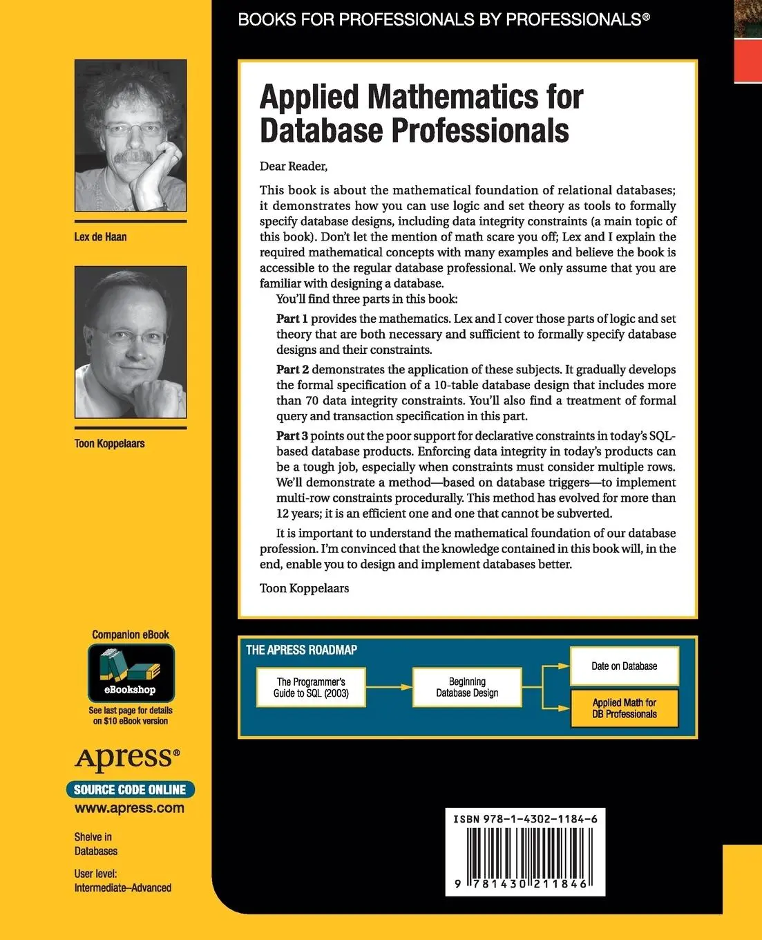 Rückseite: 9781430211846 | Applied Mathematics for Database Professionals | Koppelaars (u. a.)