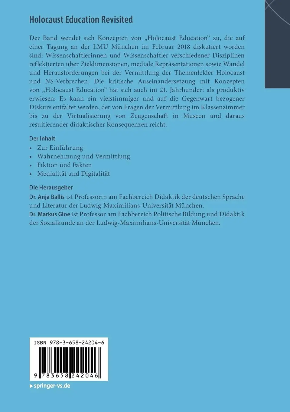 Rückseite: 9783658242046 | Holocaust Education Revisited | Markus Gloe (u. a.) | Taschenbuch | xv