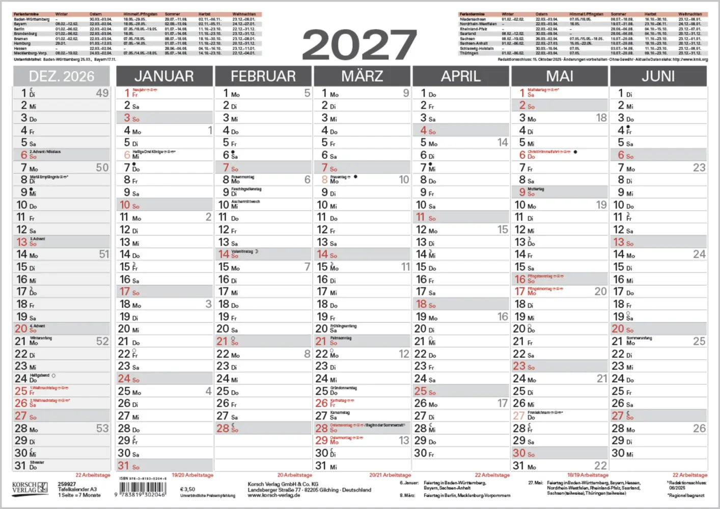 Cover: 9783819302046 | Tafelkalender A3 2027 | Korsch Verlag | Kalender | 1 S. | Deutsch