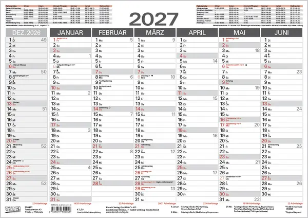 Bild: 9783819302046 | Tafelkalender A3 2027 | Korsch Verlag | Kalender | 1 S. | Deutsch