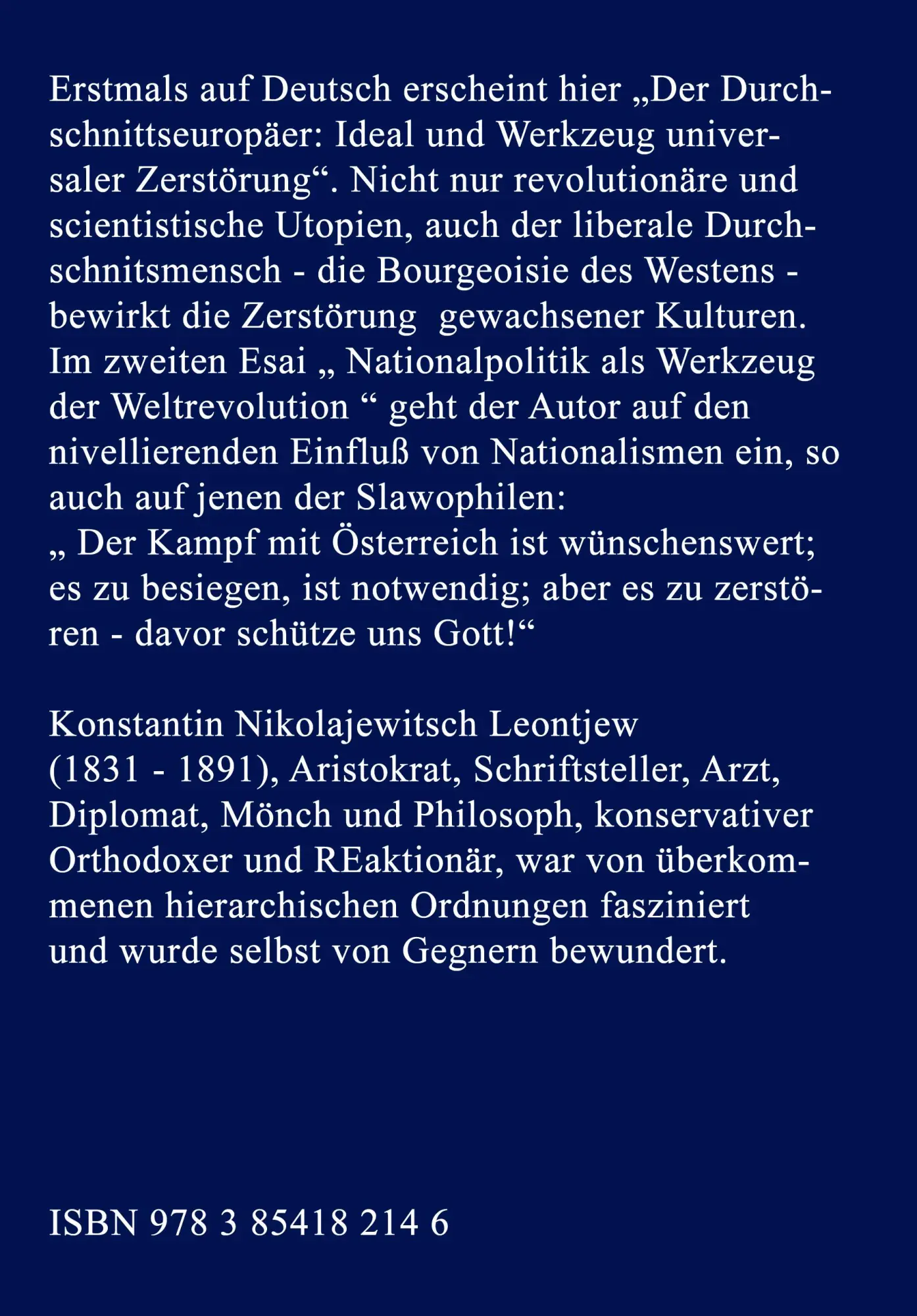 Rückseite: 9783854182146 | Der Durchschnittseuropäer: | Ideal und Werkzeug universaler Zerstörung