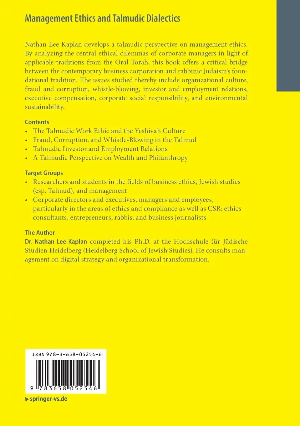 Rückseite: 9783658052546 | Management Ethics and Talmudic Dialectics | Nathan Lee Kaplan | Buch