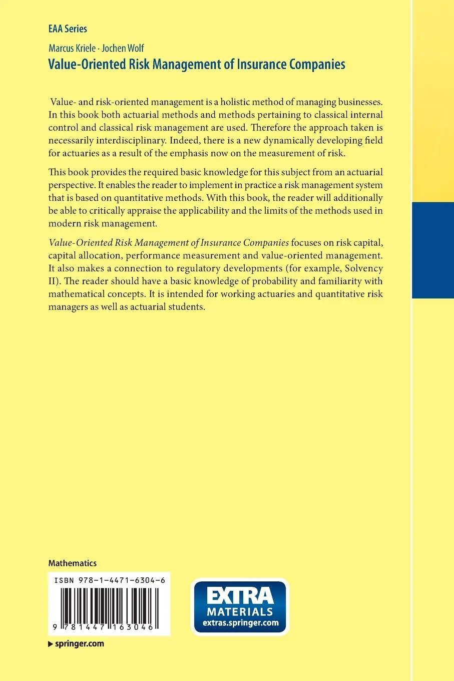 Rückseite: 9781447163046 | Value-Oriented Risk Management of Insurance Companies | Wolf (u. a.)