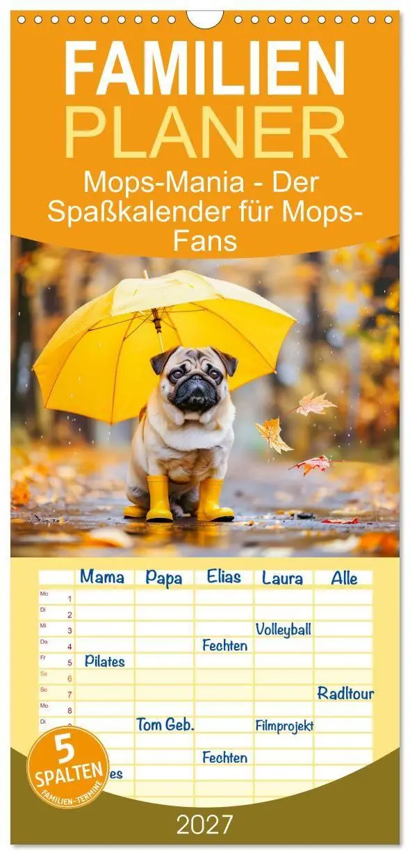 Cover: 9783594303146 | Familienplaner 2027 - Mops-Mania - Der Spaßkalender für Mops-Fans...