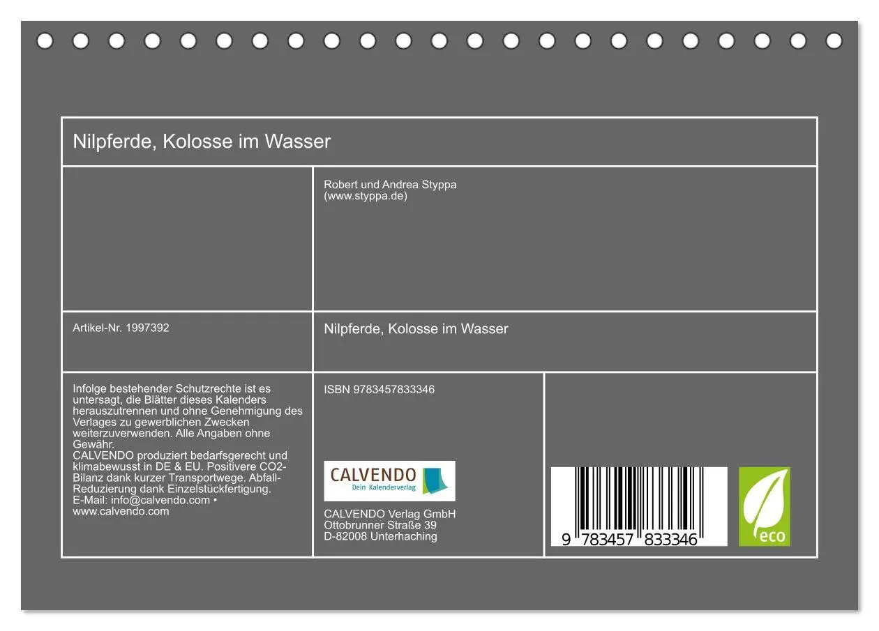 Bild: 9783457833346 | Nilpferde, Kolosse im Wasser (Tischkalender 2026 DIN A5 quer),...
