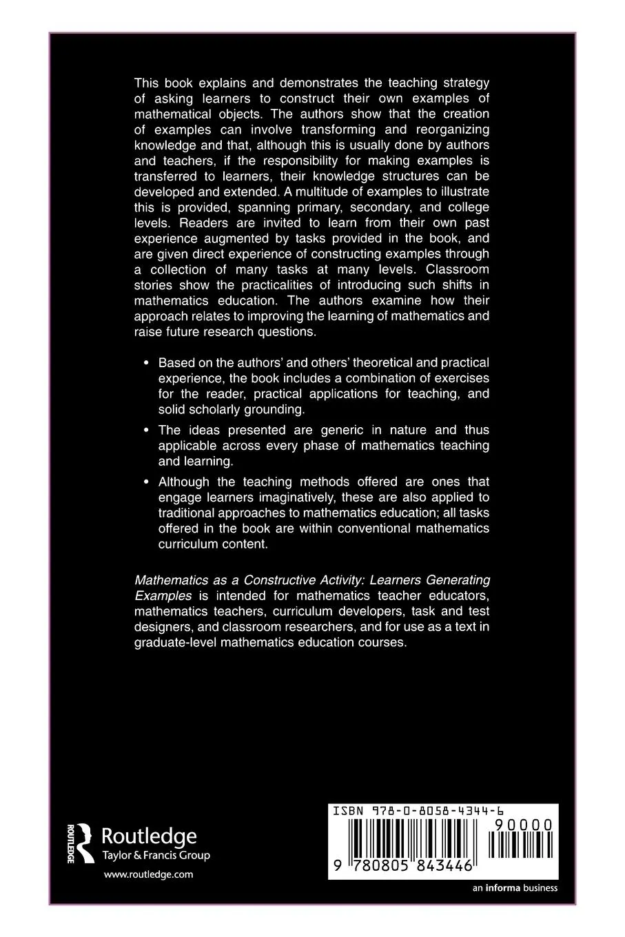 Rückseite: 9780805843446 | Mathematics as a Constructive Activity | Learners Generating Examples