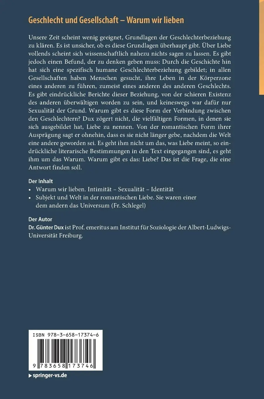 Rückseite: 9783658173746 | Geschlecht und Gesellschaft - Warum wir lieben | Günter Dux | Buch