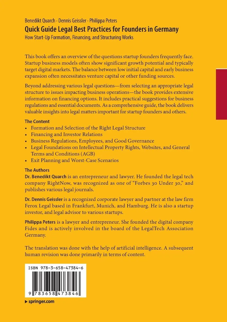 Rückseite: 9783658473846 | Quick Guide Legal Best Practices for Founders in Germany | Taschenbuch