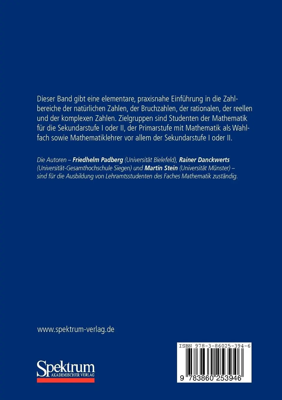 Rückseite: 9783860253946 | Zahlbereiche | Friedhelm Padberg (u. a.) | Taschenbuch | viii | 1995