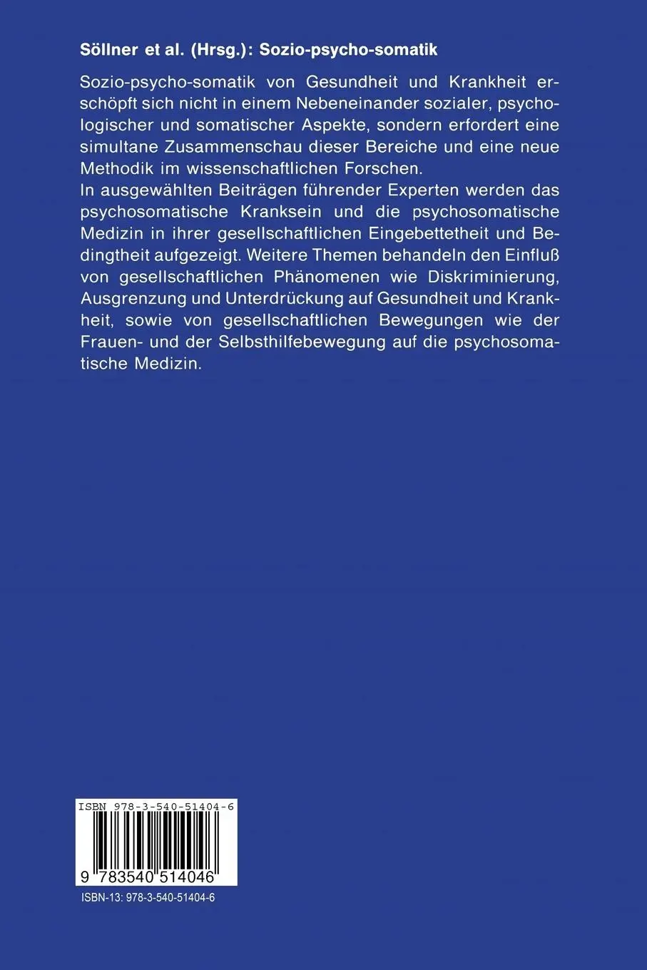 Rückseite: 9783540514046 | Sozio-psycho-somatik | Wolfgang Söllner (u. a.) | Taschenbuch | xix