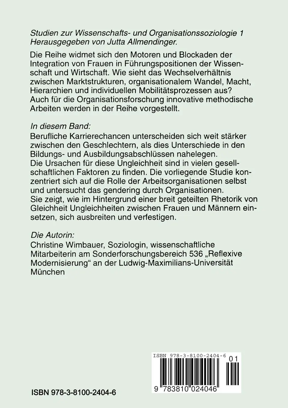 Rückseite: 9783810024046 | Organisation, Geschlecht, Karriere | Christine Wimbauer | Taschenbuch