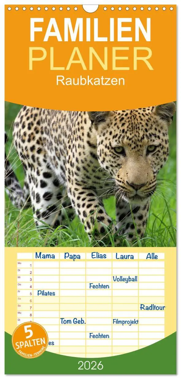 Cover: 9783516514346 | Familienplaner 2026 - Raubkatzen mit 5 Spalten (Wandkalender, 21 x...