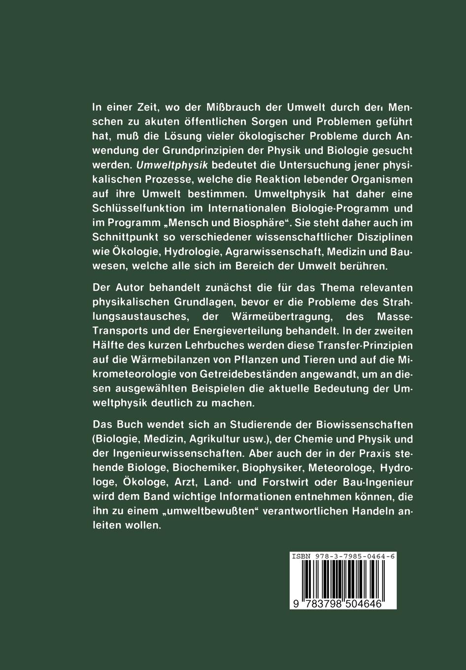 Rückseite: 9783798504646 | Grundzüge der Umweltphysik | J. L. Monteith | Taschenbuch | xvi | 1978