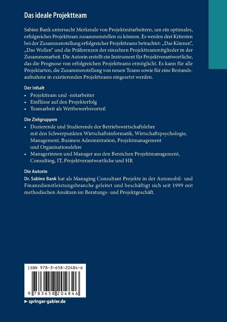 Rückseite: 9783658204846 | Das ideale Projektteam | Sabine Bank | Taschenbuch | xii | Deutsch