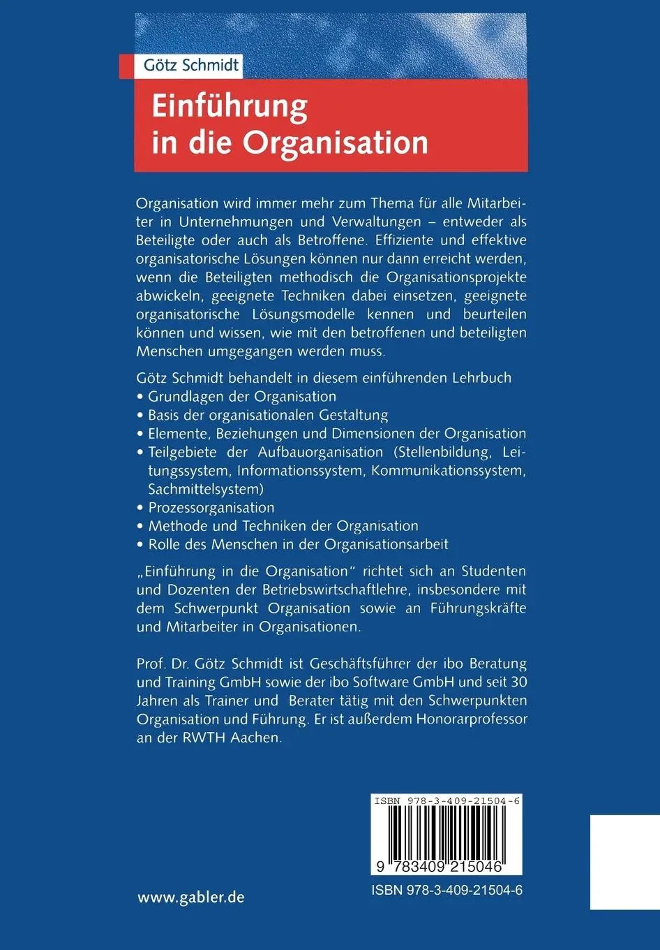 Rückseite: 9783409215046 | Einführung in die Organisation | Modelle - Verfahren - Techniken | x