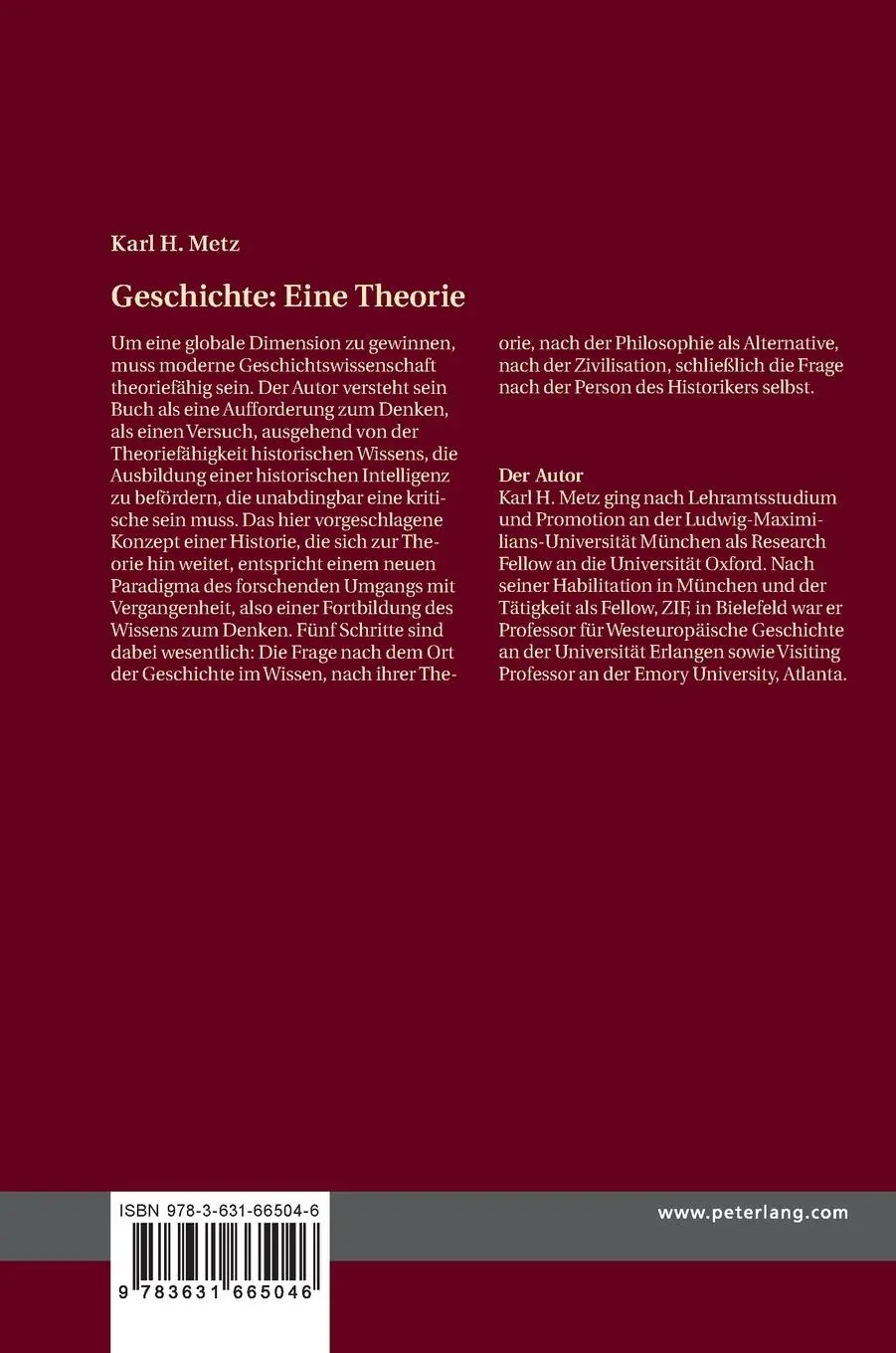 Rückseite: 9783631665046 | Geschichte: Eine Theorie | Karl Heinz Metz | Buch | Gebunden | Deutsch