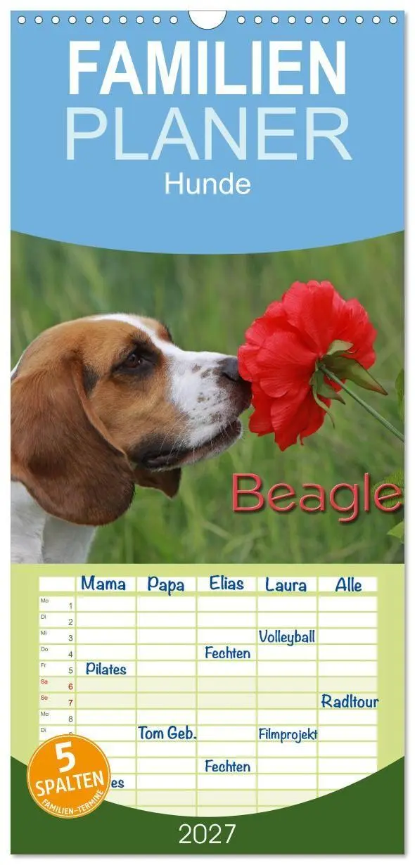 Cover: 9783594345146 | Familienplaner 2027 - Beagle mit 5 Spalten (Wandkalender, 21 x 45...