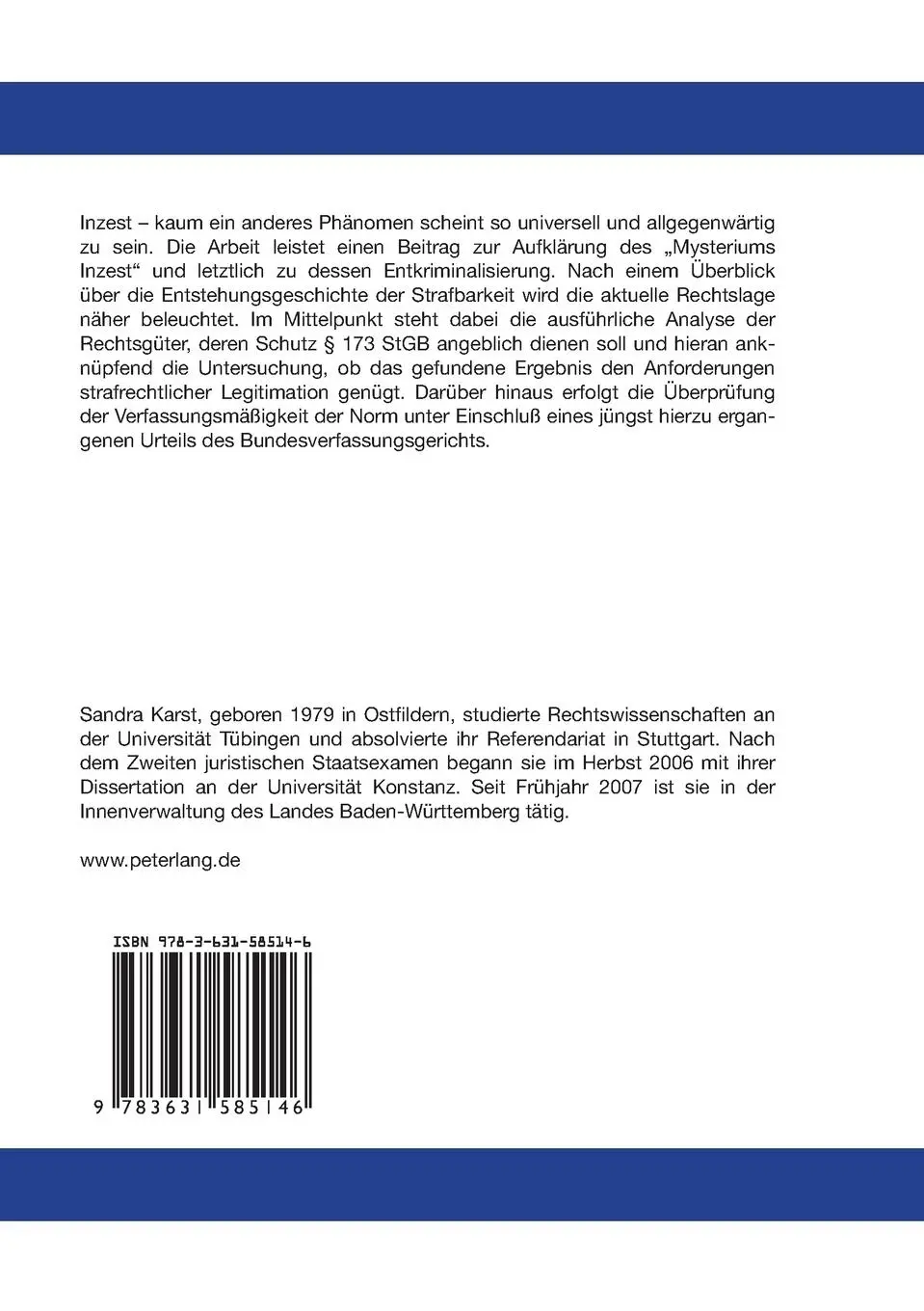 Rückseite: 9783631585146 | Die Entkriminalisierung des § 173 StGB | Sandra Karst | Taschenbuch