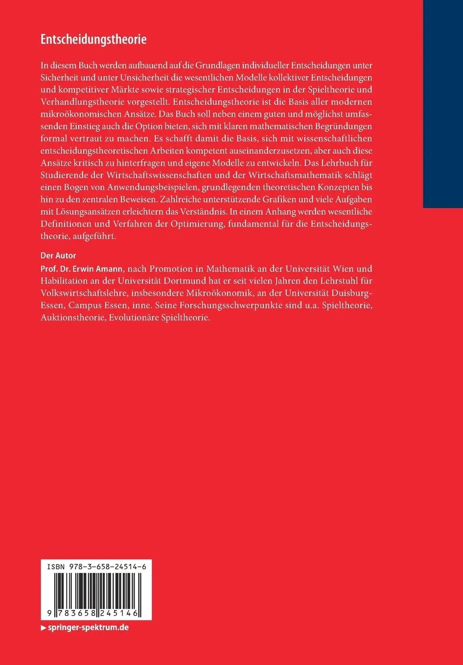 Rückseite: 9783658245146 | Entscheidungstheorie | Erwin Amann | Taschenbuch | Deutsch | 2019