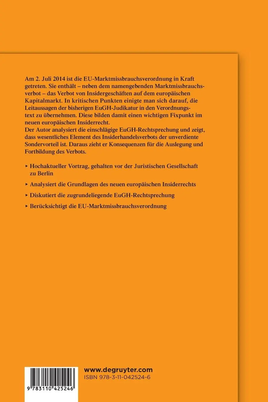 Rückseite: 9783110425246 | Das Europäische Insiderhandelsverbot | Gregor Bachmann | Taschenbuch