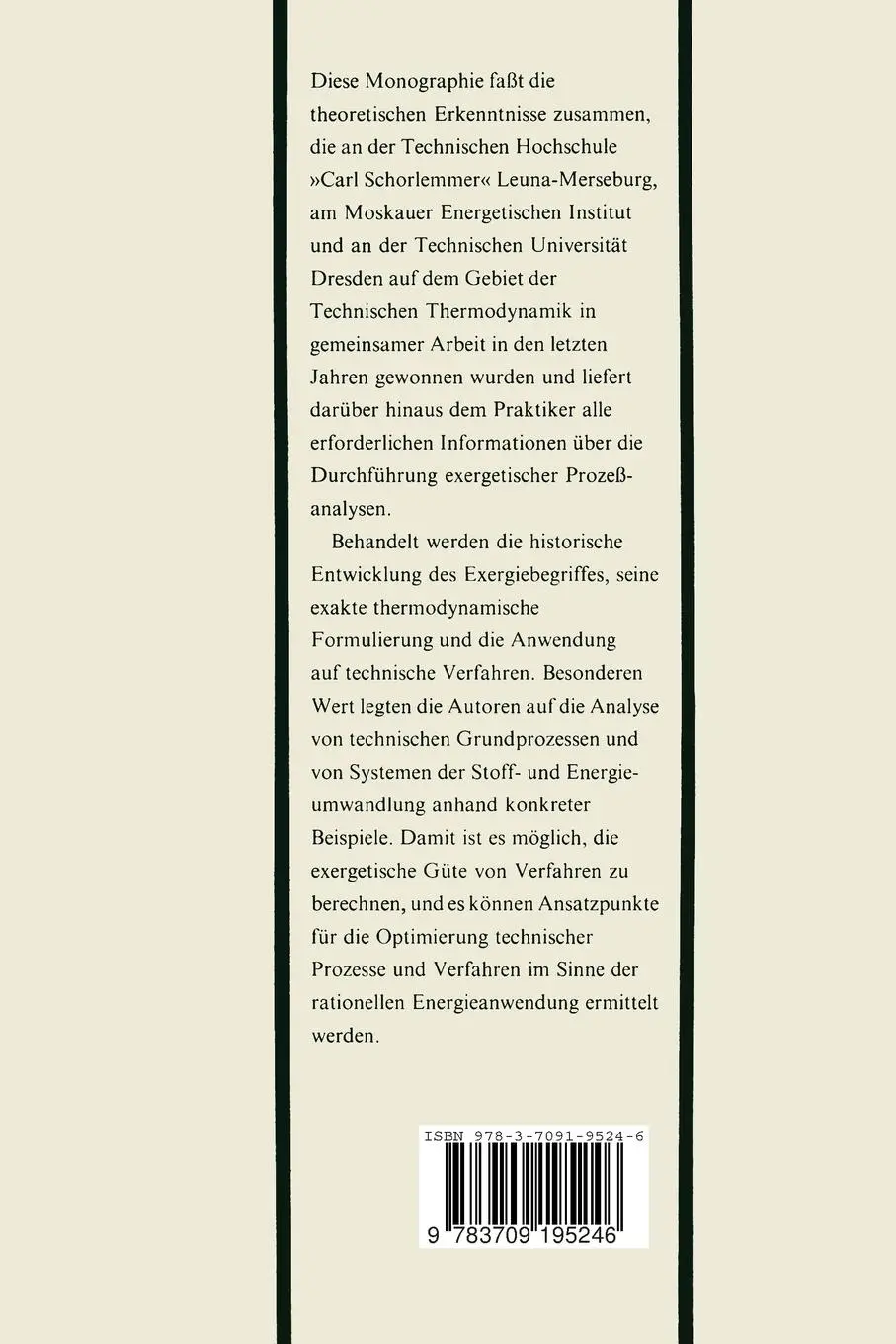 Rückseite: 9783709195246 | Exergie | Theorie und Anwendung | Wolfgang Fratzscher (u. a.) | Buch