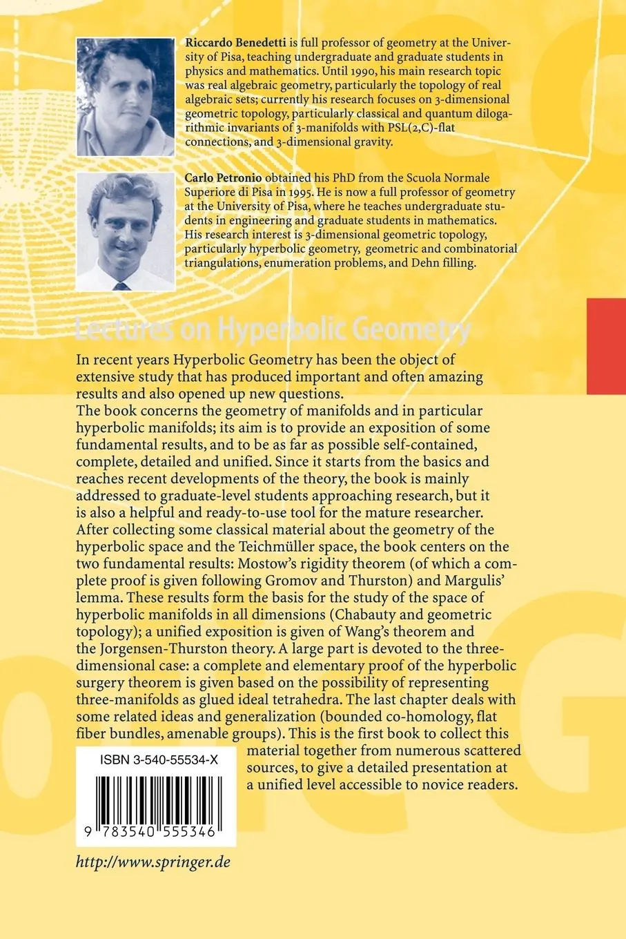 Rückseite: 9783540555346 | Lectures on Hyperbolic Geometry | Carlo Petronio (u. a.) | Taschenbuch