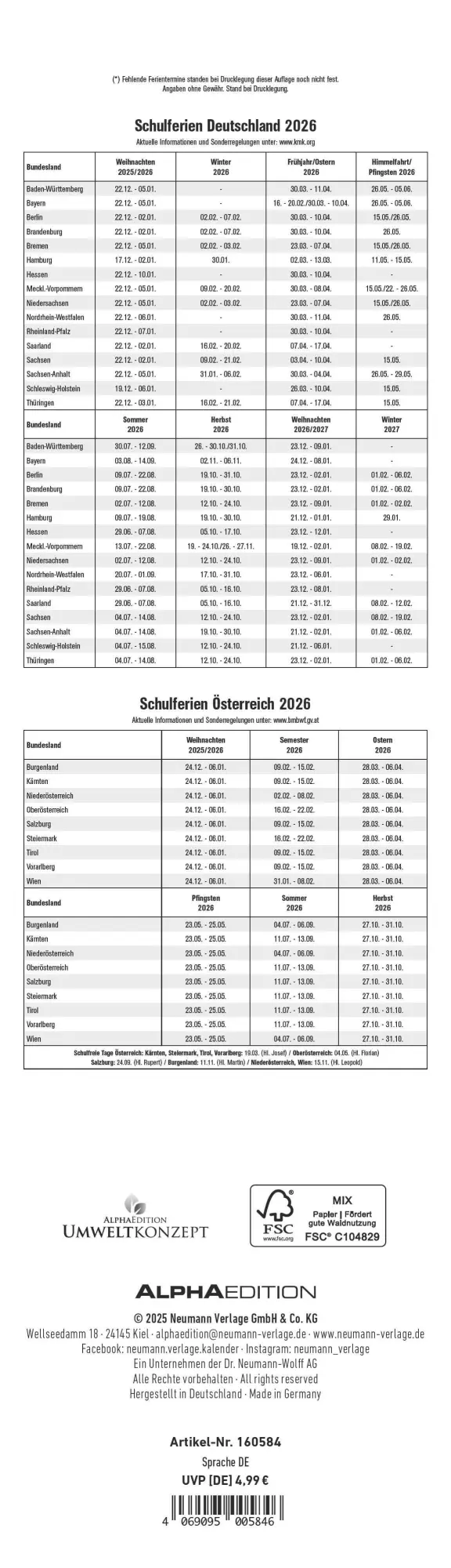 Rückseite: 4069095005846 | Streifenplaner Mini Zen 2026 - Streifen-Kalender 9,5x33 cm -...