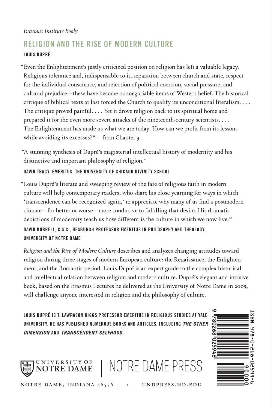 Rückseite: 9780268025946 | Religion and the Rise of Modern Culture | Louis Dupré | Taschenbuch