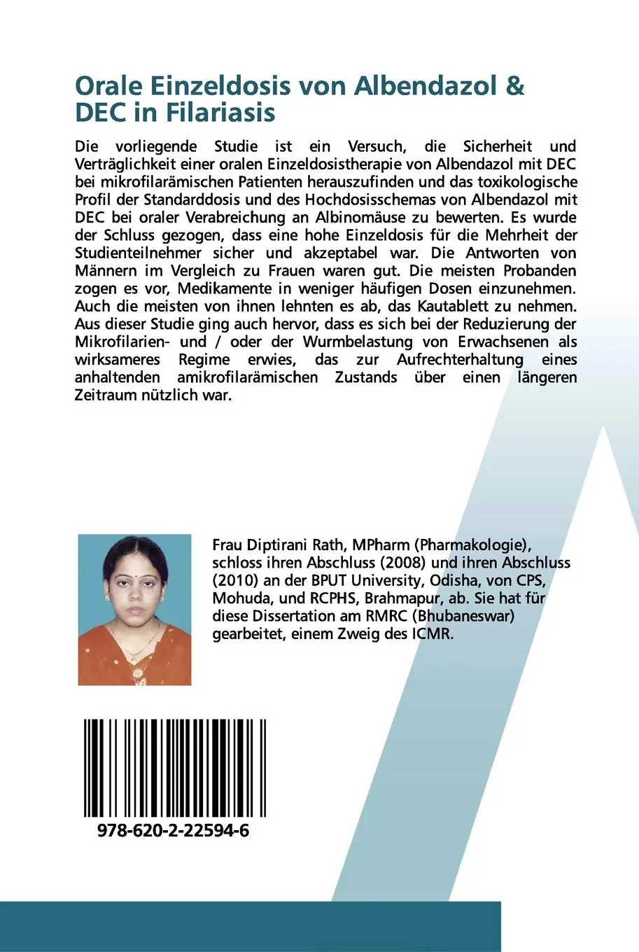 Rückseite: 9786202225946 | Orale Einzeldosis von Albendazol &amp; DEC in Filariasis | Rath (u. a.)