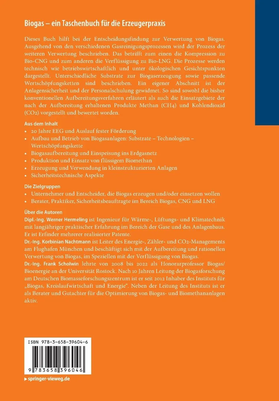 Rückseite: 9783658396046 | Biogas - ein Taschenbuch für die Erzeugerpraxis | Hermeling (u. a.)