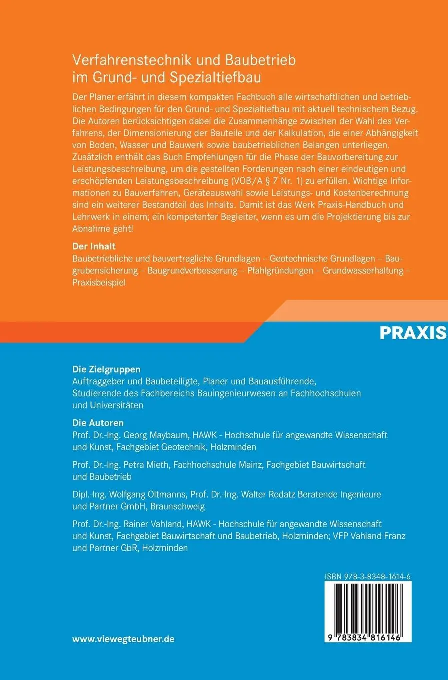 Rückseite: 9783834816146 | Verfahrenstechnik und Baubetrieb im Grund- und Spezialtiefbau | Buch