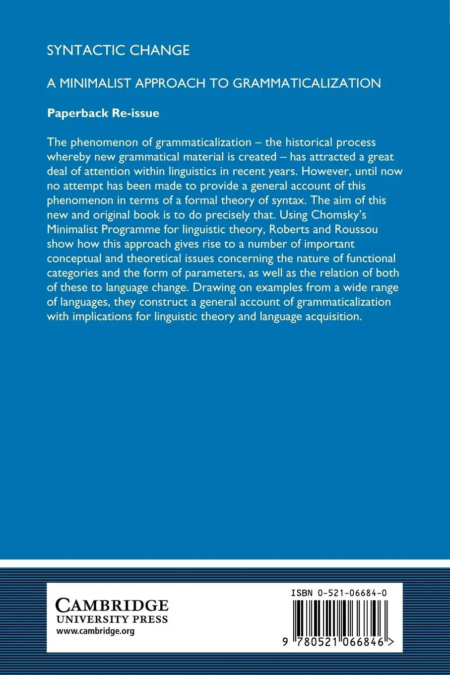 Rückseite: 9780521066846 | Syntactic Change | A Minimalist Approach to Grammaticalization | Buch