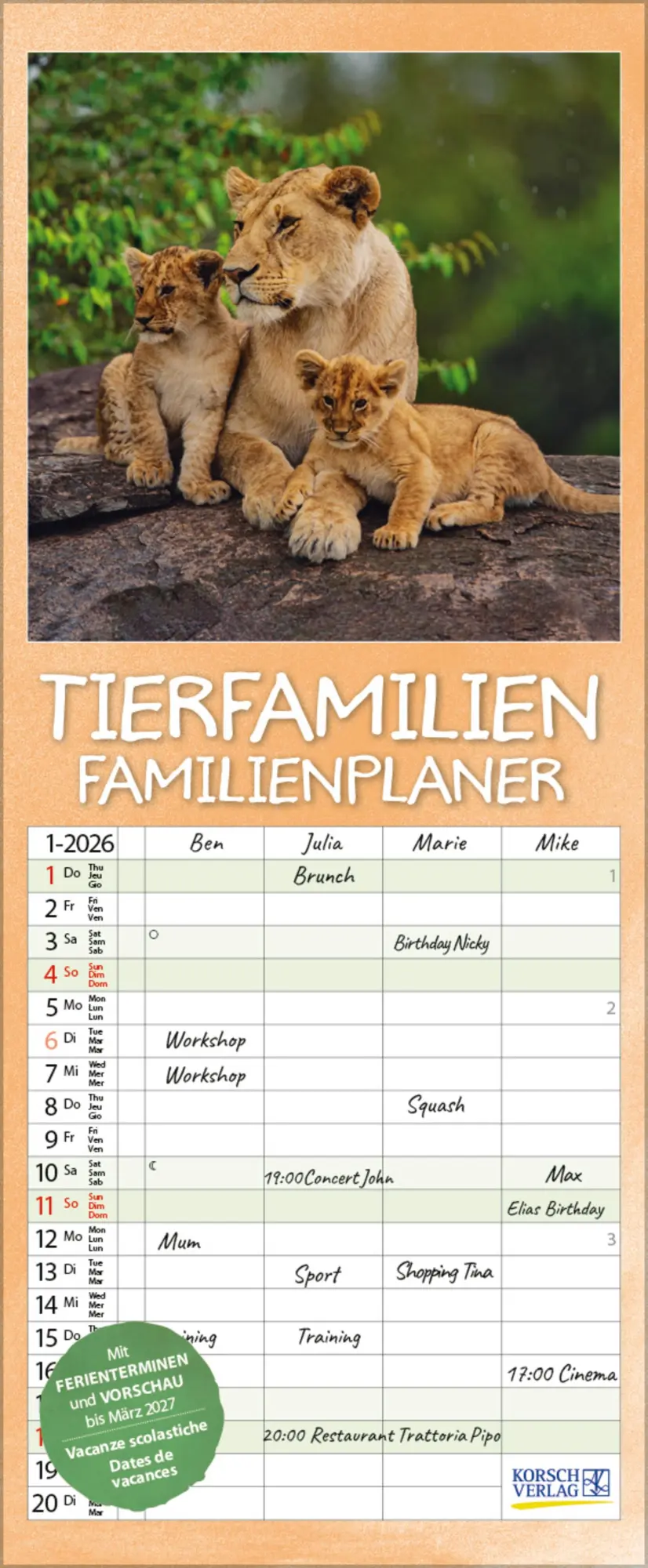 Cover: 9783731886846 | Tierfamilien Familienplaner 2026 | Verlag Korsch | Kalender | 13 S.