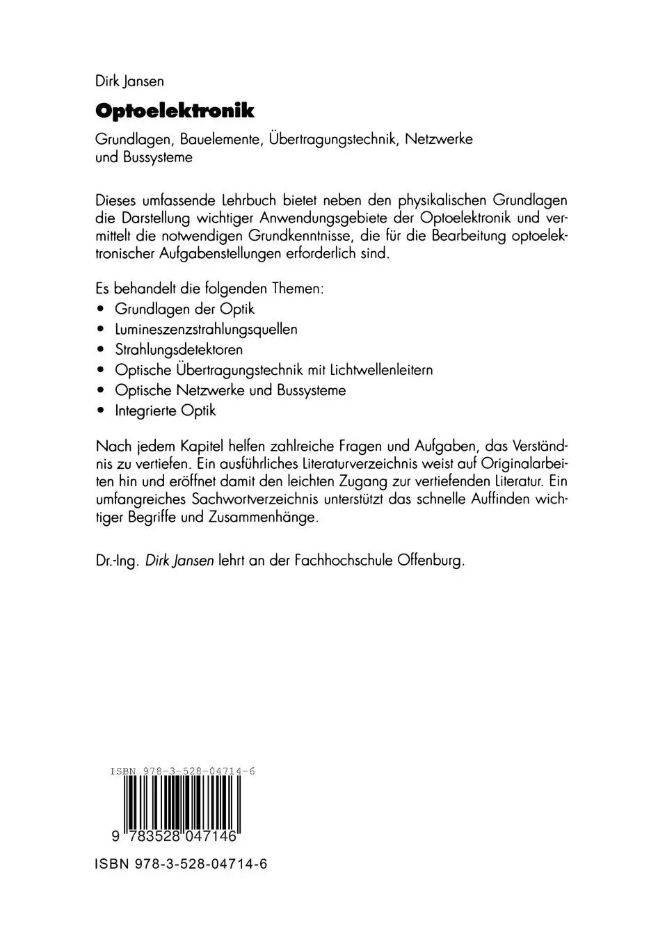 Rückseite: 9783528047146 | Optoelektronik | Dirk Jansen | Taschenbuch | xii | Deutsch | 1993