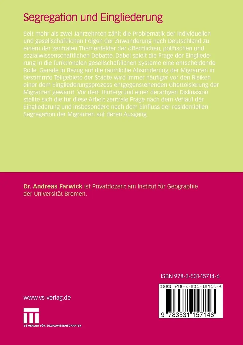 Rückseite: 9783531157146 | Segregation und Eingliederung | Andreas Farwick | Taschenbuch | xv
