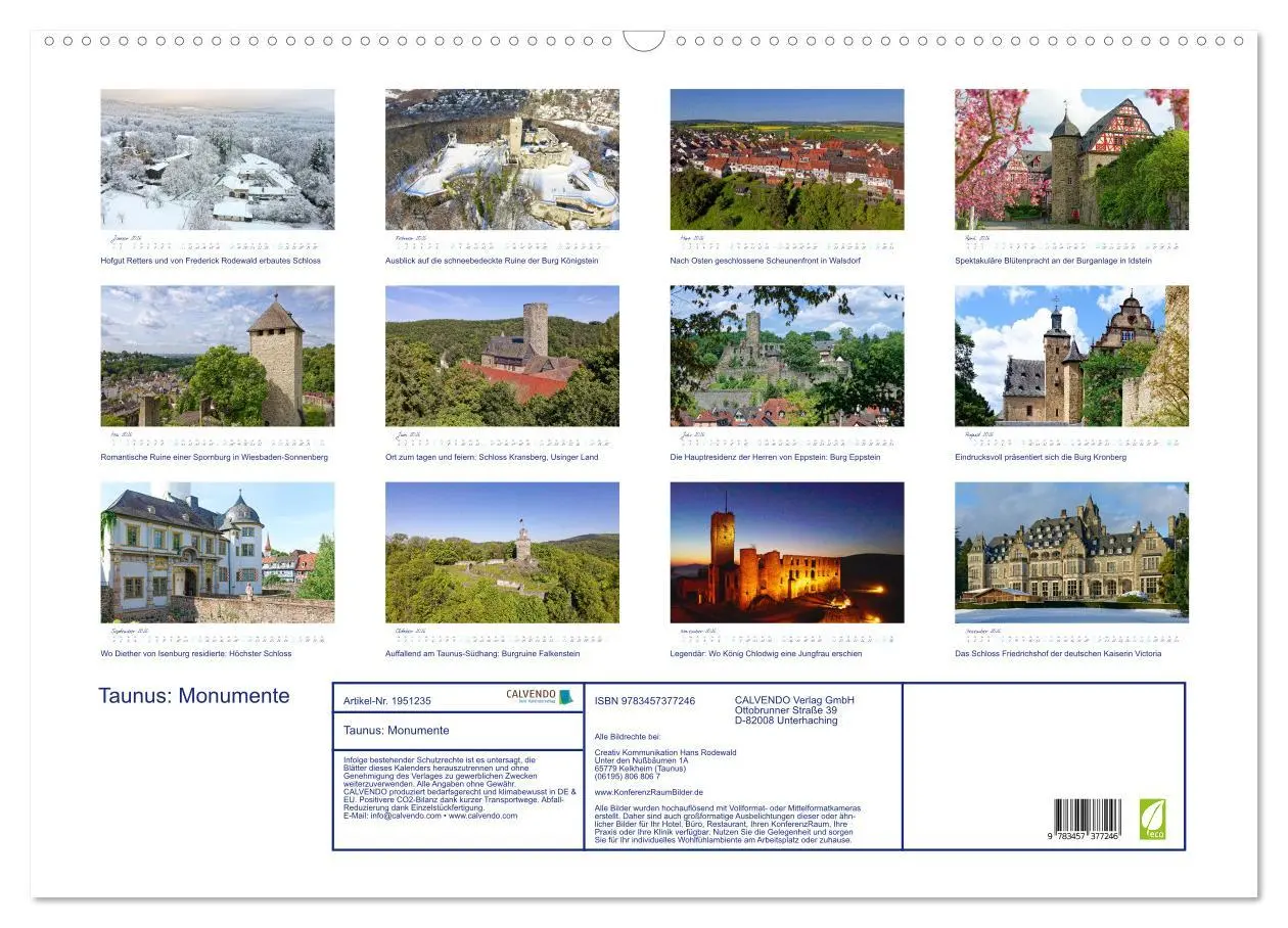 Bild: 9783457377246 | Taunus: Monumente (Wandkalender 2026 DIN A2 quer), CALVENDO...