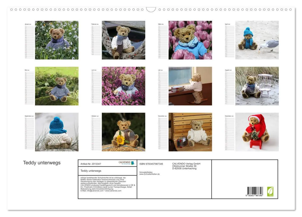 Bild: 9783457987346 | Teddy unterwegs (Wandkalender 2026 DIN A2 quer), CALVENDO...