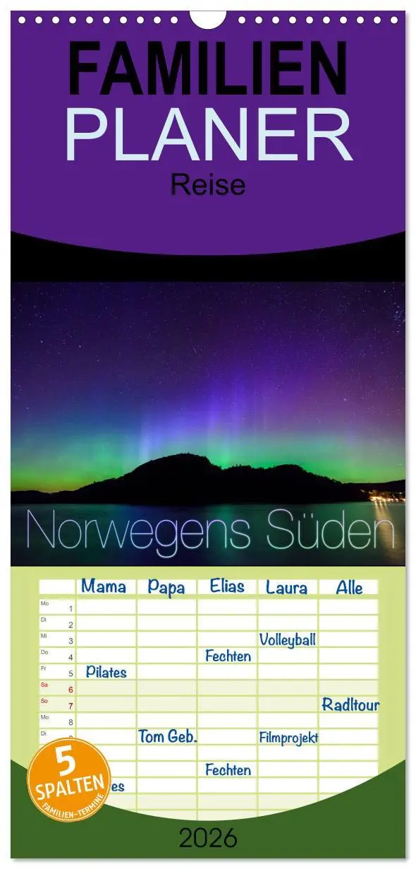 Cover: 9783516517446 | Familienplaner 2026 - Norwegens Süden mit 5 Spalten (Wandkalender,...
